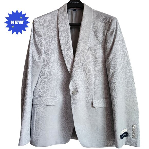 39S Dinner Jacket Silver Gray Shawl Lapel Skinny Fit New Jos A Bank Paisley Mens - Picture 1 of 17